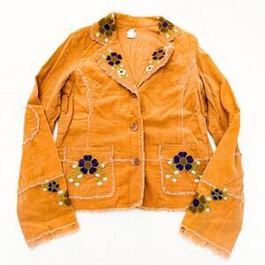 San Joy Hippie Vintage Flower Embroidered Brown Blazer Jacket Size Large
